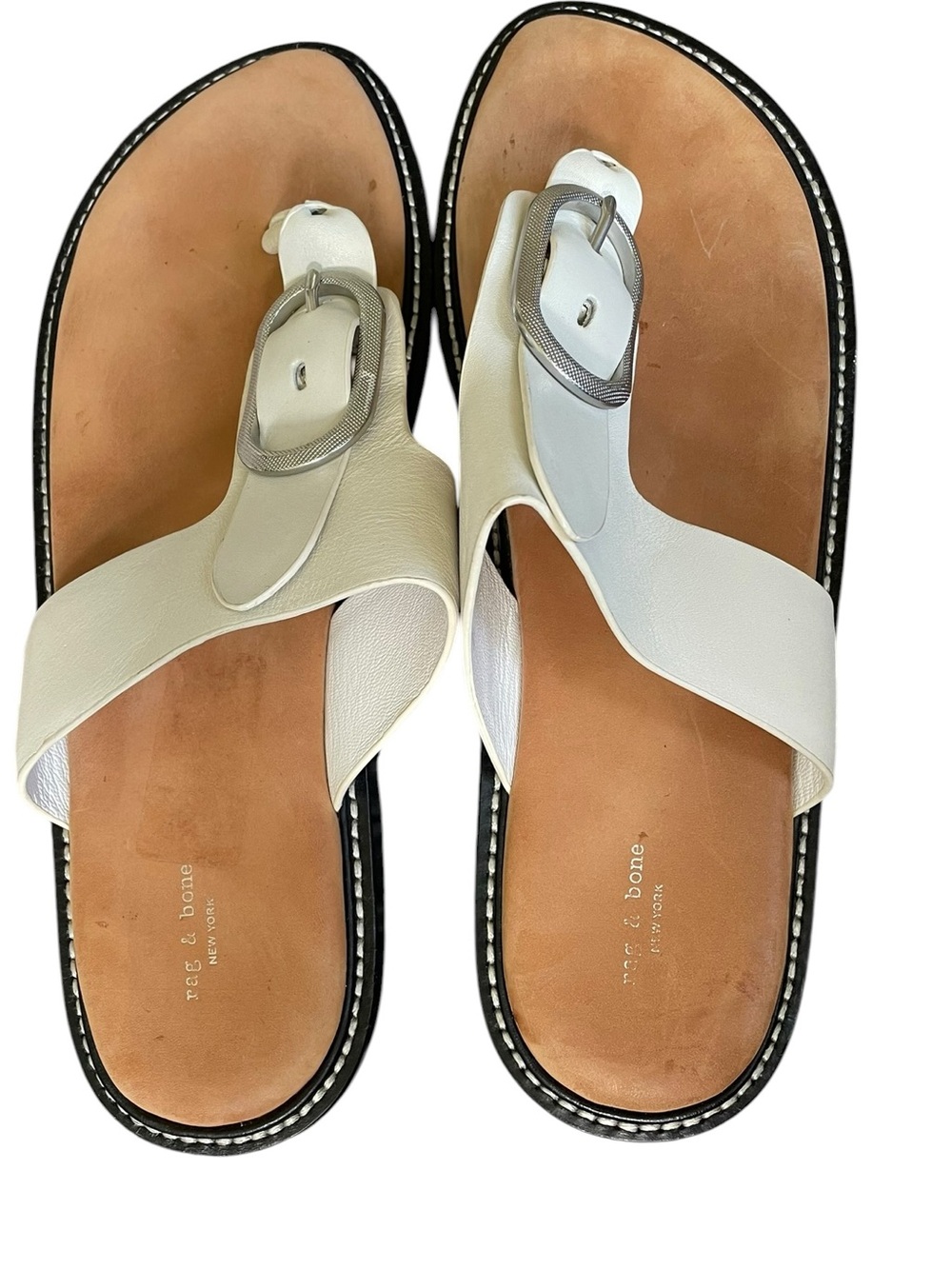 rag & bone Ansley White Leather Buckle Thong Sandals with Silver Buckles
